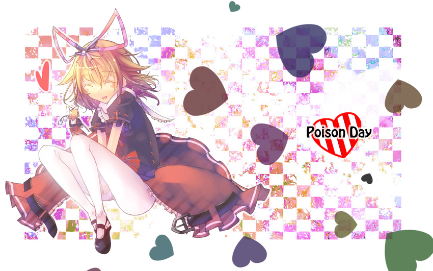 blonde_hair closed_eyes dress flower hair_ornament heart lily_of_the_valley mary_janes medicine_melancholy mito_(calcomer) pantyhose shoes solo su-san touhou wallpaper white_legwear