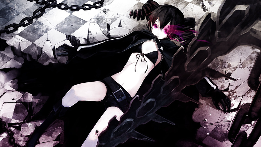 bad_id bad_pixiv_id belt bikini_top binzoko_megane_(san-inch) black_hair black_rock_shooter black_rock_shooter_(character) black_rock_shooter_(character)_(cosplay) boots broken_ground burning_eye chain cosplay drill_hair gloves glowing highres jacket kasane_teto looking_at_viewer lying midriff navel on_back pale_skin purple_eyes scar shorts solo utau