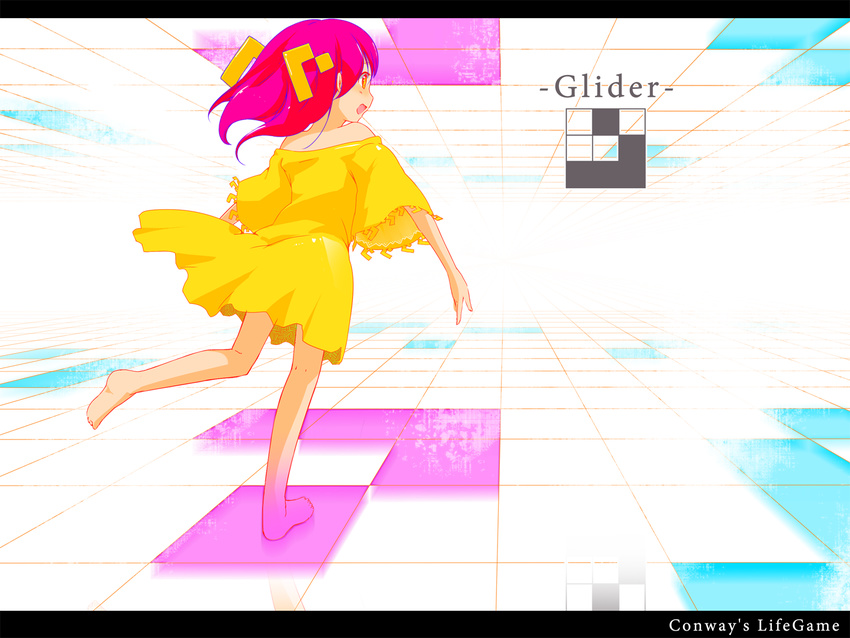 bad_id bad_pixiv_id bare_shoulders barefoot conway's_game_of_life full_body hair_ornament kukumu math original personification pink_hair skirt solo standing standing_on_one_leg yellow_skirt