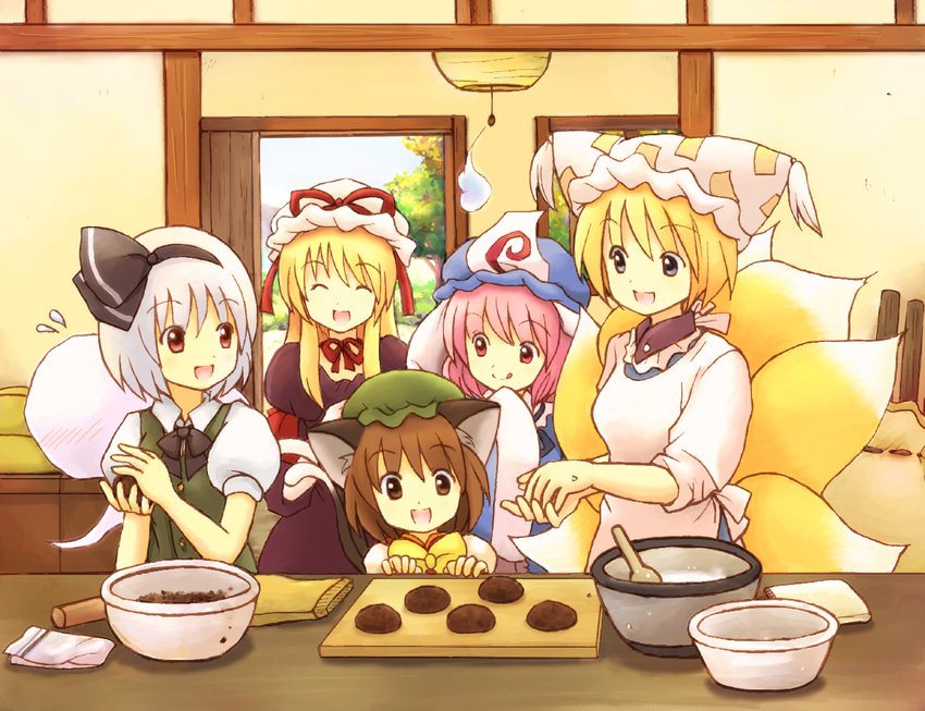 :d animal_ears baking blonde_hair bowl brown_eyes brown_hair cat_ears chen closed_eyes cookie cooking eijima_moko food fox_tail hairband hat hat_ribbon indoors konpaku_youmu konpaku_youmu_(ghost) long_hair mob_cap multiple_girls multiple_tails ohagi_(food) open_mouth pillow_hat pink_hair plate puffy_short_sleeves puffy_sleeves red_eyes ribbon saigyouji_yuyuko short_hair short_sleeves silver_hair smile tail touhou triangular_headpiece upper_body whisk yakumo_ran yakumo_yukari