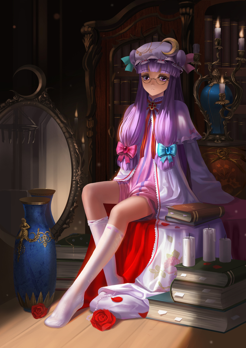 absurdres bespectacled book candle crescent glasses hat highres legs library long_hair mirror patchouli_knowledge purple_eyes purple_hair saber_01 sitting socks solo touhou vase voile
