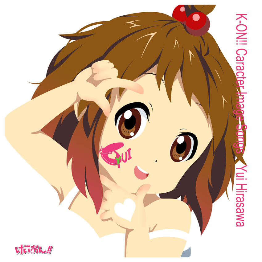 album_cover bad_id bad_pixiv_id bare_shoulders brown_eyes brown_hair castanets cover dress facepaint finger_frame hair_bobbles hair_ornament highres hirasawa_yui instrument k-on! kouchou parody short_hair simple_background solo strap_slip younger
