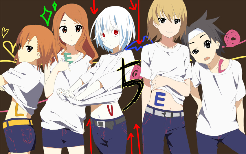 3boys accelerator artist_request belt black_hair brown_eyes brown_hair highres k-on! kakine_teitoku misaka_mikoto mugino_shizuri multiple_boys multiple_girls pants parody red_eyes shirt_lift sogiita_gunha style_parody to_aru_majutsu_no_index white_hair