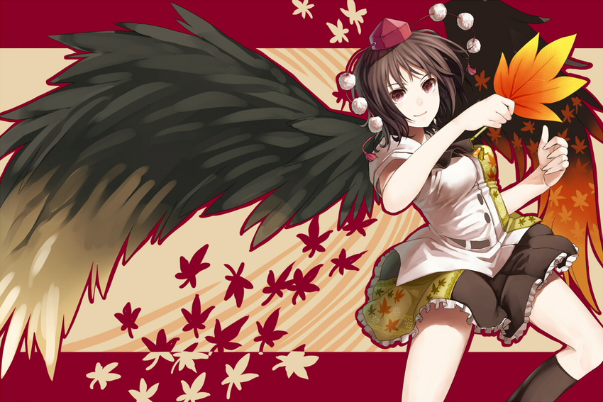 bird_wings black_legwear black_wings brown_hair fan frilled_skirt frills gradient hat hauchiwa irohara_mitabi kneehighs leaf leaf-pattern_stripe looking_at_viewer maple_leaf red_eyes shameimaru_aya short_hair skirt smile solo tokin_hat touhou wings