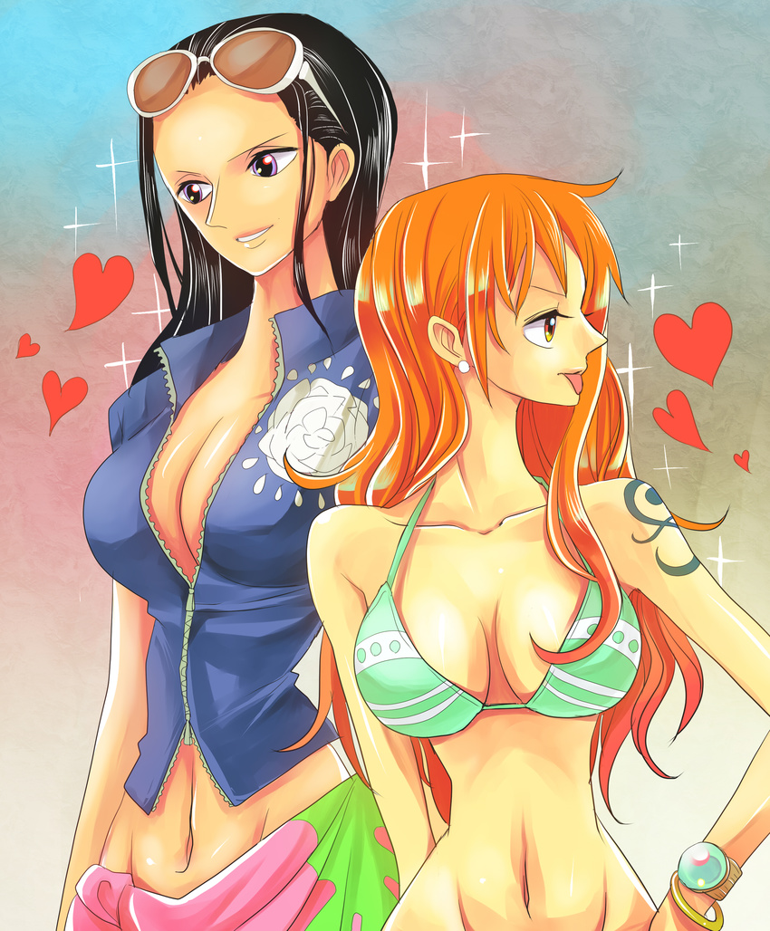 :p absurdres bangle bikini_top black_hair bracelet breasts cleavage earrings eyewear_on_head heart highres himerinco jewelry large_breasts log_pose long_hair midriff multiple_girls nami_(one_piece) navel nico_robin one_piece orange_eyes orange_hair pink_sarong print_sarong purple_eyes sarong smile sparkle sunglasses tattoo tongue tongue_out upper_body