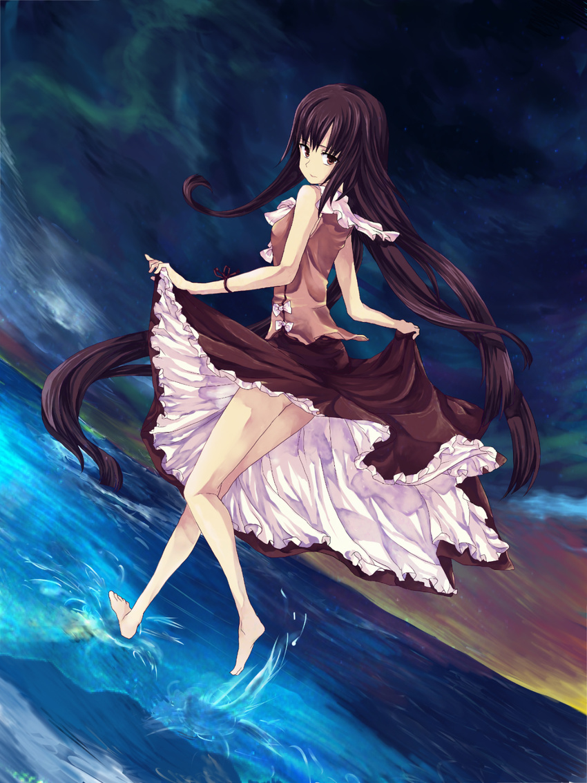 barefoot brown_eyes brown_hair dutch_angle full_body hide38 highres houraisan_kaguya legs long_hair looking_at_viewer looking_back skirt skirt_hold sky solo standing standing_on_liquid touhou very_long_hair water