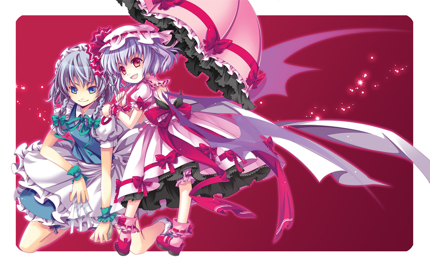 aya003030 bad_id bad_pixiv_id bat_wings between_fingers blue_eyes blue_hair bobby_socks bow braid fang grey_hair hat izayoi_sakuya kneeling knife maid maid_headdress multiple_girls open_mouth parasol petticoat red_eyes remilia_scarlet rounded_corners short_hair silver_hair smile socks standing touhou twin_braids umbrella wings wrist_cuffs