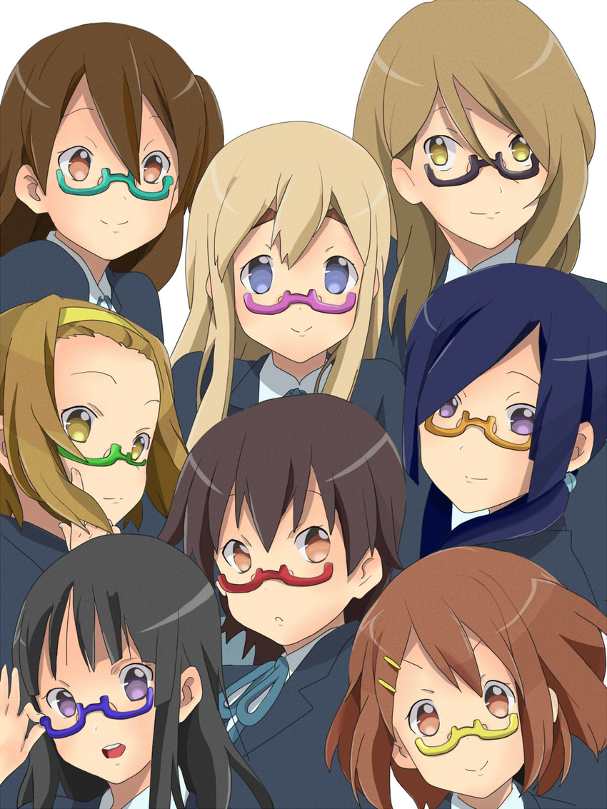 akiyama_mio aqua-framed_eyewear bespectacled black-framed_eyewear black_hair blonde_hair blue-framed_eyewear blue_eyes brown_eyes brown_hair extra glasses green-framed_eyewear highres hirasawa_yui k-on! kotobuki_tsumugi manabe_nodoka multiple_girls nodoka_glasses purple-framed_eyewear purple_eyes red-framed_eyewear satou_akane semi-rimless_eyewear shinasaki_(shinasaki) tachibana_himeko tainaka_ritsu takahashi_fuuko taki_eri under-rim_eyewear yellow-framed_eyewear