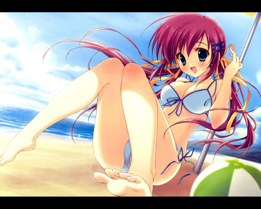 ball barefoot beach beachball bikini blue_eyes blush breasts cleavage da_capo da_capo_ii day feet front-tie_top large_breasts lens_flare long_hair open_mouth outdoors parasol pink_hair ryouka_(suzuya) shirakawa_nanaka side-tie_bikini smile solo swimsuit umbrella