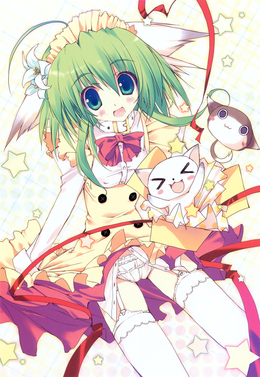 &gt;_&lt; :3 :d absurdres animal_ears blush cat closed_eyes dress garter_belt green_hair greenwood highres midori_(greenwood) open_mouth original panties smile thighhighs tsurusaki_takahiro underwear xd