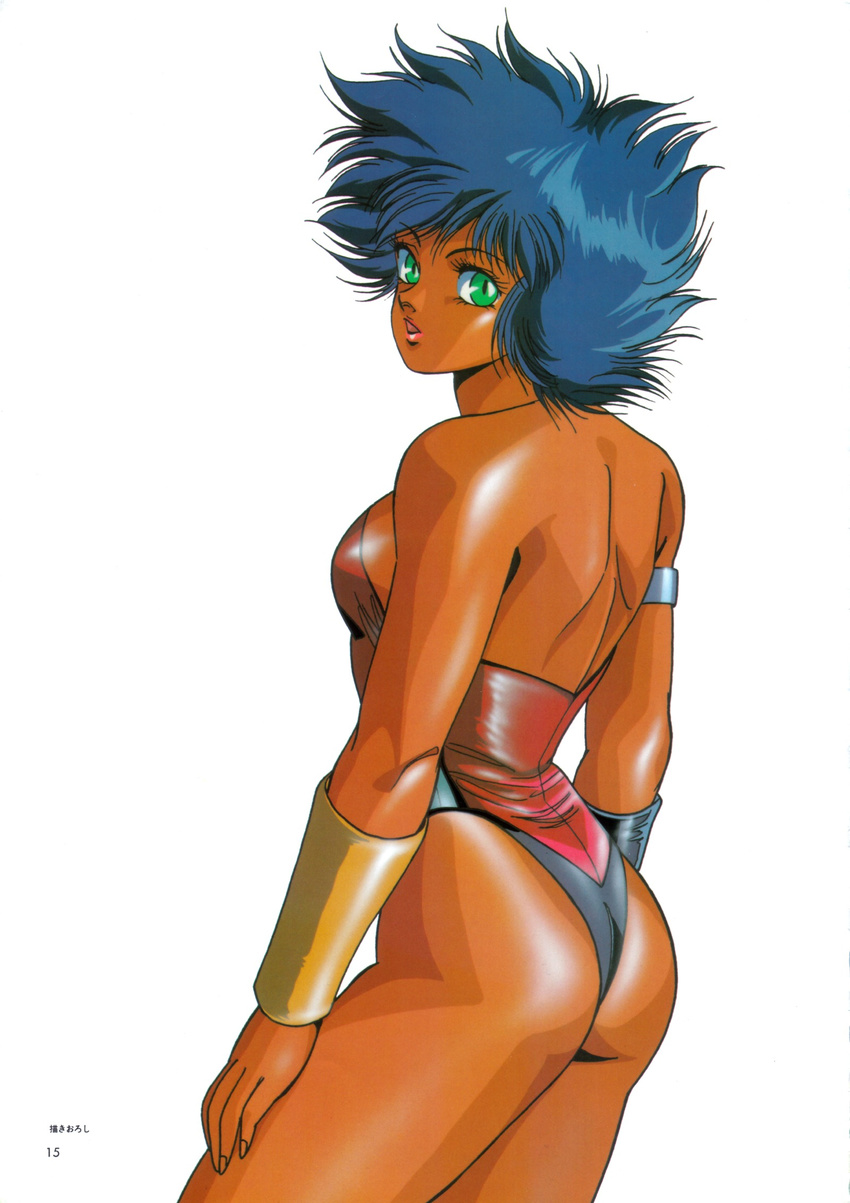 80s :d armband ass back blue_hair bracer breasts dangaiou dark_skin from_behind green_eyes highres hirano_toshihiro leotard lipstick looking_back makeup medium_breasts oldschool open_mouth pai_thunder red_leotard scan shiny shiny_clothes short_hair sideboob simple_background smile solo spiked_hair