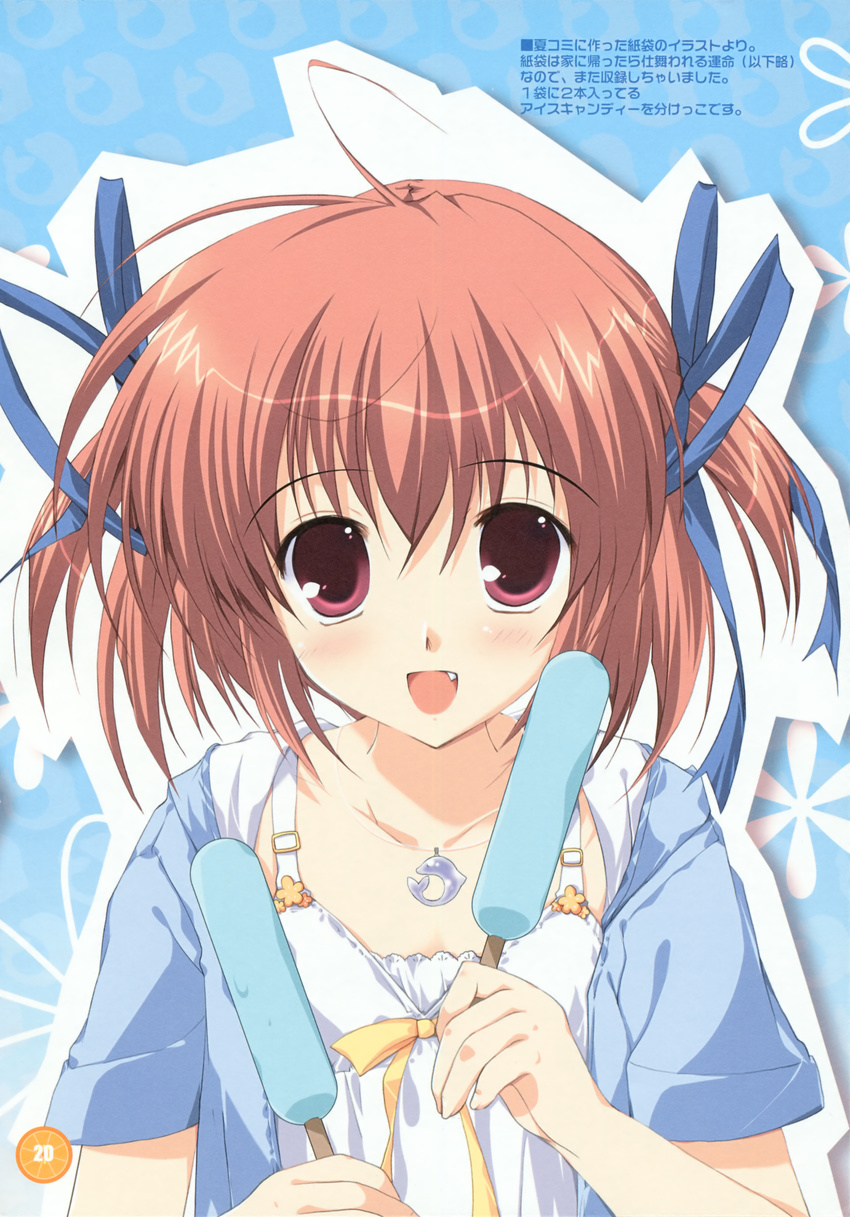 absurdres brown_hair copyright_request eating face fang food hair_ribbon highres ice_cream jewelry mikeou open_mouth pendant popsicle red_eyes ribbon scan short_twintails solo twintails