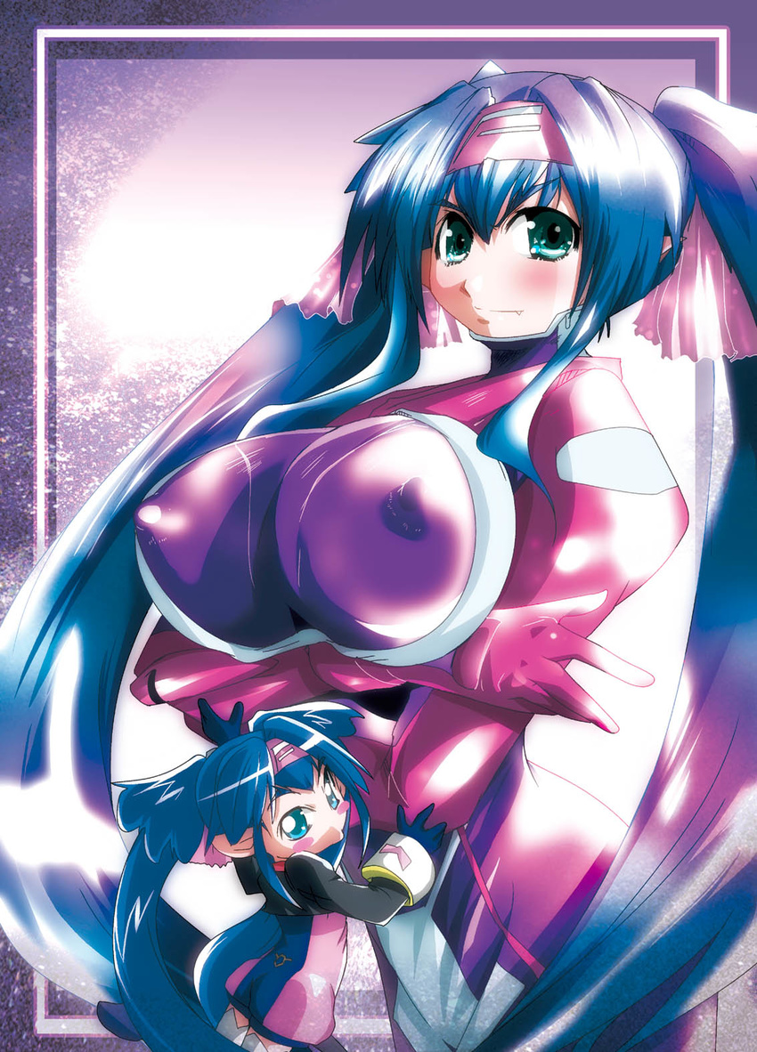 blue_hair bodysuit breasts chibi covered_nipples green_eyes highres huge_breasts klan_klein long_hair macross macross_frontier multicolored multicolored_bodysuit multicolored_clothes nipples pink_bodysuit purple_bodysuit solo twintails very_long_hair yuumin