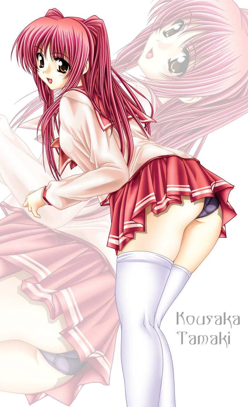 absurdres black_panties brown_eyes character_name eyebrows_visible_through_hair highres kousaka_tamaki long_hair open_mouth panties pleated_skirt red_hair red_skirt school_uniform serafuku skirt solo thighhighs to_heart_2 tomoya_kankurou underwear white_legwear yellow_eyes zoom_layer