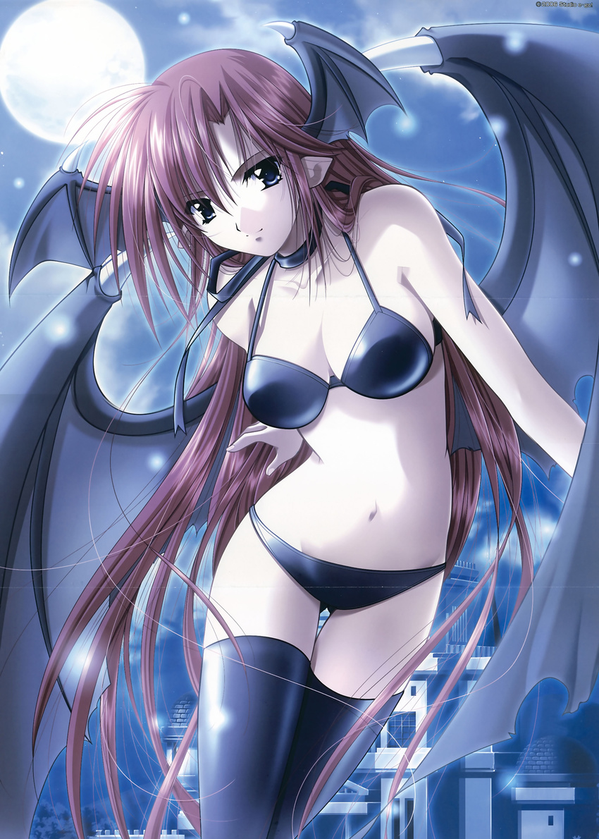 absurdres demon_wings head_wings highres kathrine_siphon lingerie long_hair men_at_work!_4 moon red_hair scan solo thighhighs underwear very_long_hair wings yamamoto_kazue