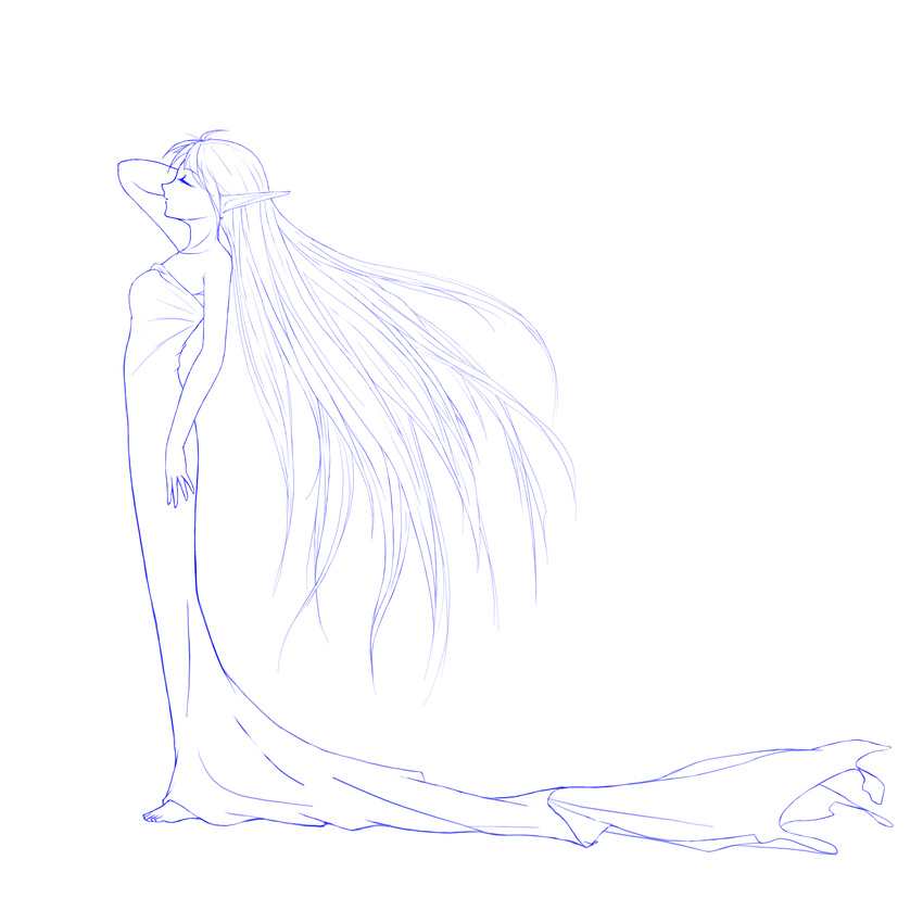absurdres alarmy closed_eyes dress elf highres lineart long_hair monochrome pointy_ears solo very_long_hair warcraft wind world_of_warcraft