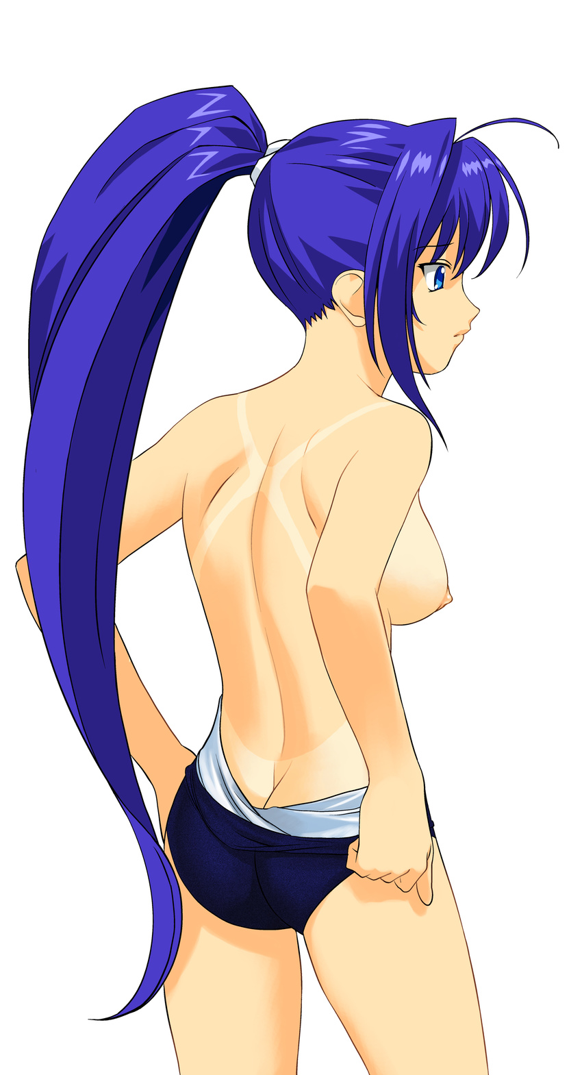 a1 absurdres ahoge ass back blue_eyes blue_hair breasts butt_crack flat_ass from_behind hayase_mitsuki highres kimi_ga_nozomu_eien large_breasts long_hair nipples one-piece_tan ponytail profile pulled_by_self simple_background solo swimsuit swimsuit_pull tan tanline undressing white_background
