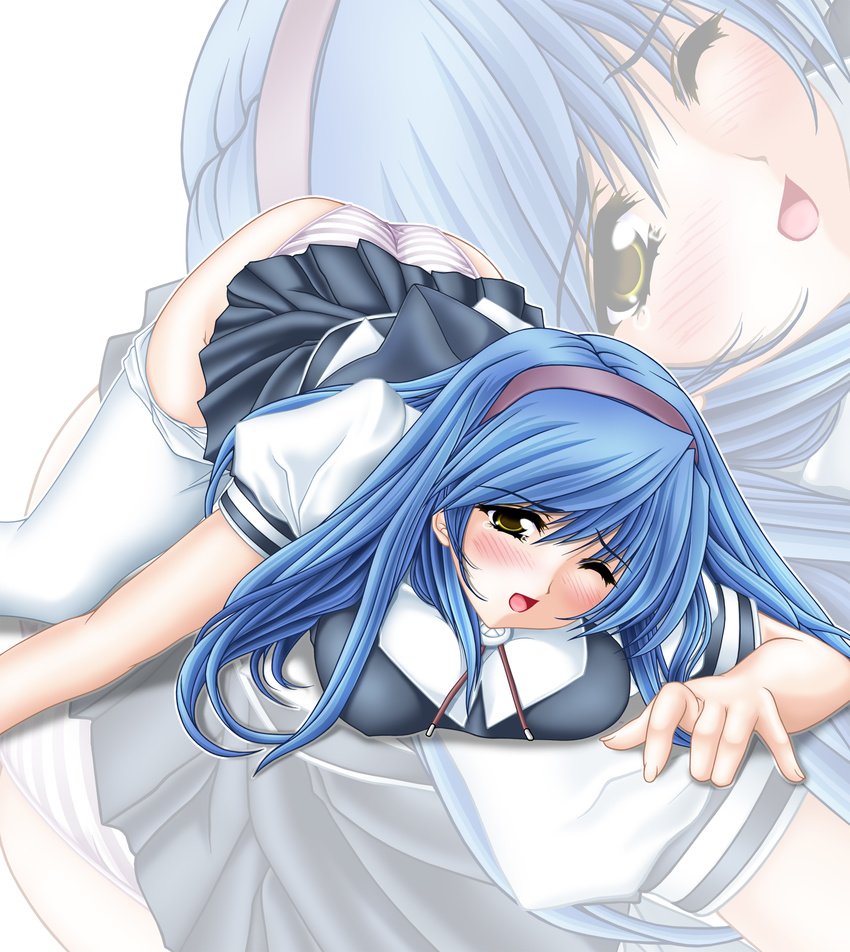 absurdres blue_hair blush copyright_request hairband highres panties pantyhose school_uniform solo striped striped_panties tomoya_kankurou underwear yellow_eyes