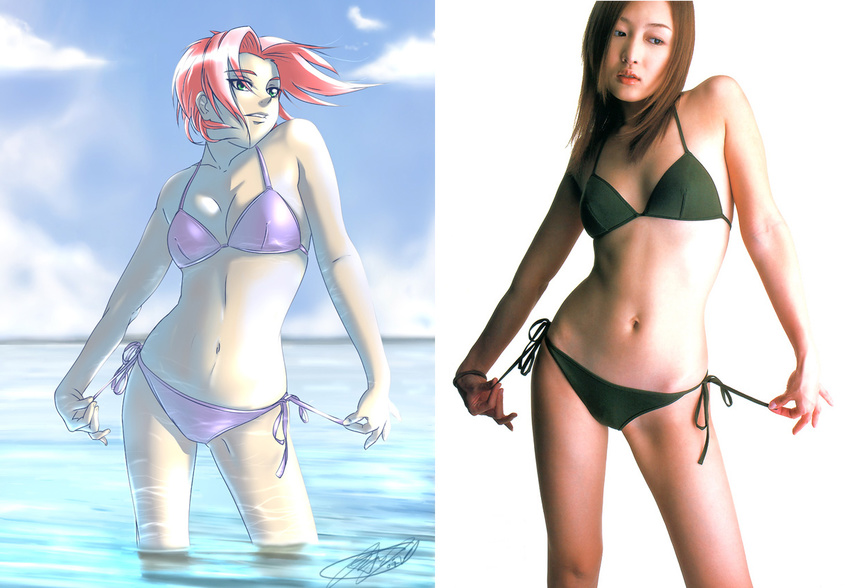 bad_deviantart_id bad_id beach bikini comparison day derivative_work green_eyes haruno_sakura jon_kneeland multiple_girls naruto naruto_(series) outdoors photo pink_hair reference_photo reference_photo_inset reference_work sayuri_anzu short_hair side-tie_bikini swimsuit