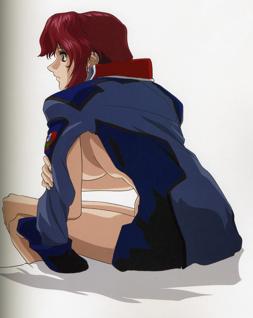 absurdres artist_request breasts flay_allster gundam gundam_seed highres large_breasts military military_uniform red_hair sideboob sitting solo thighs uniform