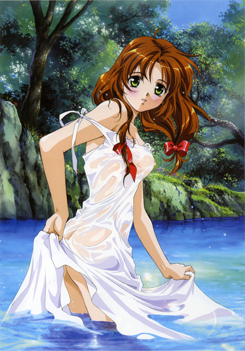 absurdres ass blush breasts brown_hair butt_crack covered_nipples day dress dress_lift forest green_eyes hair_ribbon highres lake large_breasts looking_at_viewer looking_back mew_(words_worth) nature nipples no_bra no_panties parted_lips pink_lips red_ribbon ribbon rin-sin scan see-through solo strap_slip sundress water wet wet_clothes white_dress words_worth