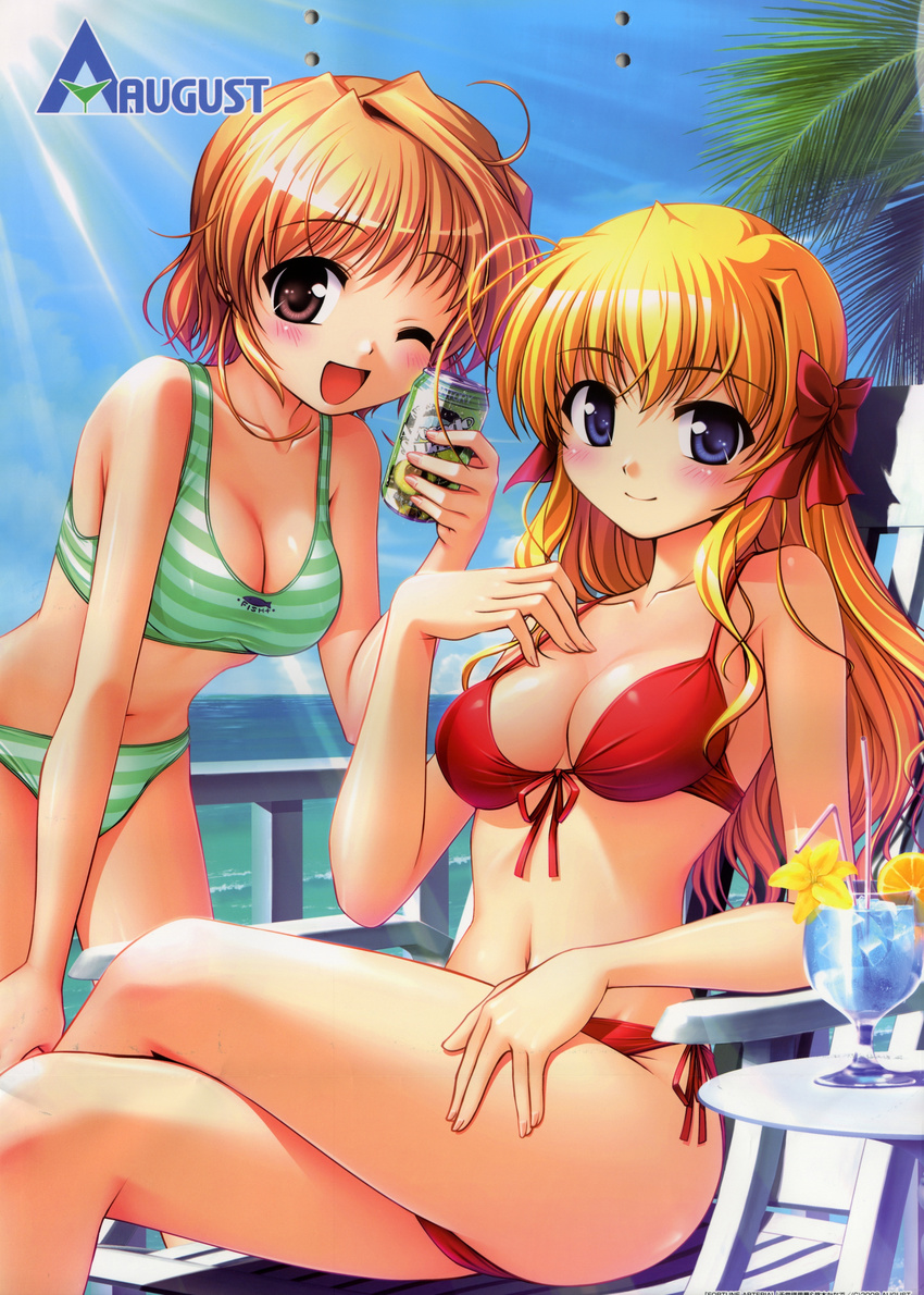 absurdres ahoge bekkankou bikini blonde_hair blue_eyes blush breasts brown_eyes brown_hair cleavage crossed_legs day drink fortune_arterial hair_ribbon highres large_breasts long_hair looking_at_viewer midriff multiple_girls navel ocean open_mouth outdoors palm_tree ribbon sendou_erika short_hair side-tie_bikini sitting sky standing striped striped_bikini striped_swimsuit swimsuit tree water yuuki_kanade