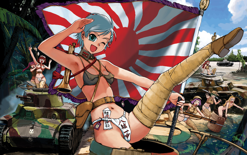 arisaka armpits army bikini bikini_top blue_eyes blue_hair bolt_action boots breast_grab breasts caterpillar_tracks cloud day drum_(container) flag fundoshi glasses grabbing ground_vehicle gun hair_ornament hairclip hat highres imperial_japanese_army japan japanese_clothes japanese_flag leg_lift medium_breasts military military_vehicle moeyo!_sensha_gakkou motor_vehicle multiple_girls navel nogami_takeshi nude one_eye_closed rifle rising_sun running sky sunburst swimsuit sword tank thighhighs tree twintails type_97_chi-ha war weapon world_war_ii