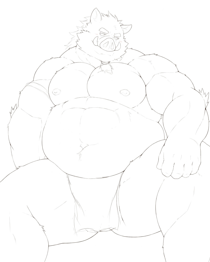2019 anthro boar clothing fundoshi humanoid_hands japanese_clothing male mammal moobs nanntaro navel nipples overweight overweight_male porcine simple_background sitting solo tusks underwear white_background