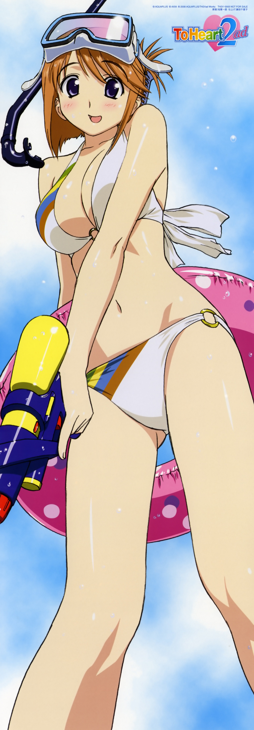 absurdres bikini blush breasts brown_hair cleavage folded_ponytail goggles highres innertube katsura_ken'ichirou komaki_manaka large_breasts long_image midriff navel purple_eyes short_hair snorkel solo standing stick_poster swimsuit tall_image to_heart_2 water_gun wet