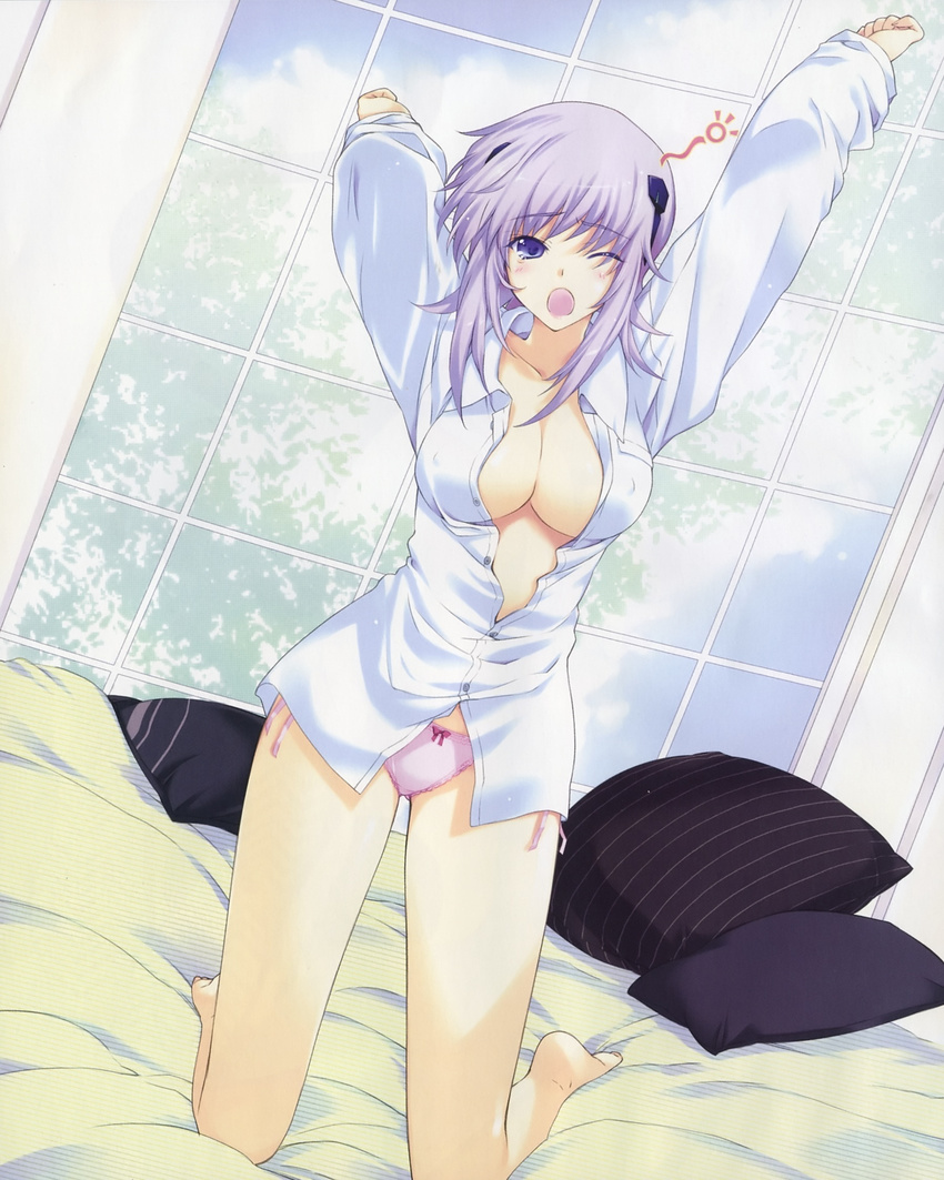arms_up barefoot blush bow bow_panties breasts cleavage covered_nipples cryska_barchenowa dress_shirt dutch_angle hair_ribbon highres iizuki_tasuku kneeling large_breasts legs long_legs muvluv muvluv_alternative muvluv_total_eclipse no_bra no_pants one_eye_closed open_clothes open_mouth open_shirt panties pink_panties purple_eyes purple_hair ribbon shirt short_hair side-tie_panties sleepy solo stretch thighs underwear wince yawning