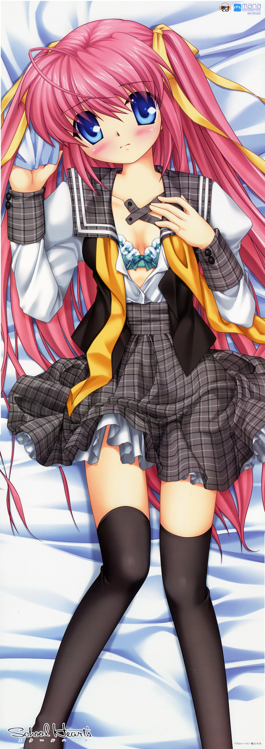 absurdres blue_eyes blush hair_ribbon highres hinoue_itaru long_image lying miniskirt open_clothes open_shirt pink_hair ribbon sakiyama_chisa school_hearts shirt skirt solo stick_poster tall_image thighhighs