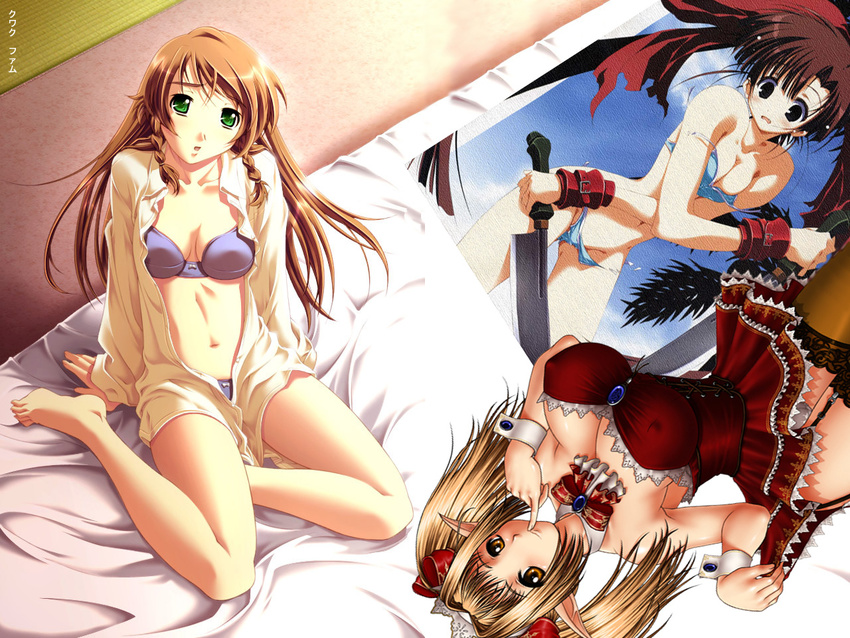 2girls artist_request bb bed big_breasts bikini blond_hair blonde_hair bottomless breasts character_request cleavage cuffs dress garter garters green_eyes knife large_breasts long_hair multiple_girls open_clothes open_shirt orange_hair pantyhose photoshop pointy_ears poster ripped_clothes shirt source_request swimsuit sword torn_clothes twintails underwear weapon yellow_eyes