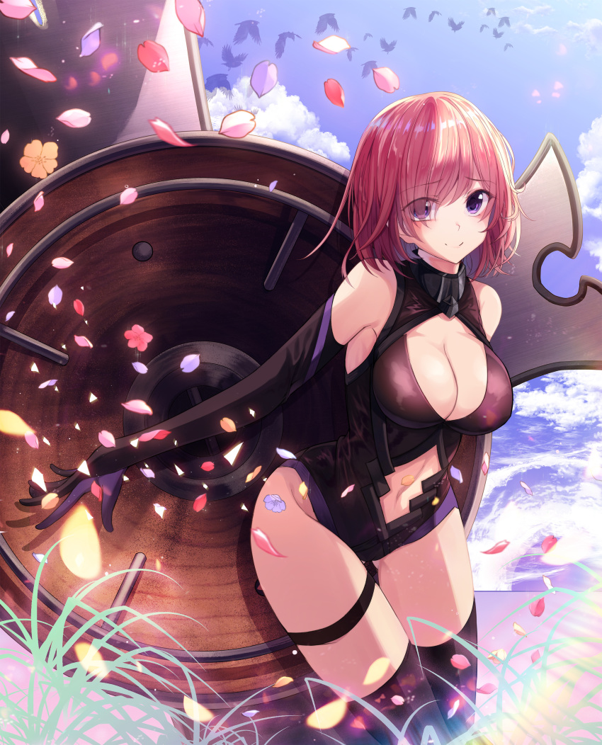 1girl absurdres animal animal_ears bangs bare_shoulders bird black_legwear blue_sky breasts center_opening cleavage closed_mouth cloud commentary_request day elbow_gloves eyebrows_visible_through_hair eyes_visible_through_hair falling_petals fate/grand_order fate_(series) gloves hair_over_one_eye highres legs looking_at_viewer mash_kyrielight navel outdoors petals pink_hair purple_eyes purple_gloves revision shield shiny shiny_hair short_hair sky smile solo standing thigh_strap thighhighs thighs xingjinmeijian