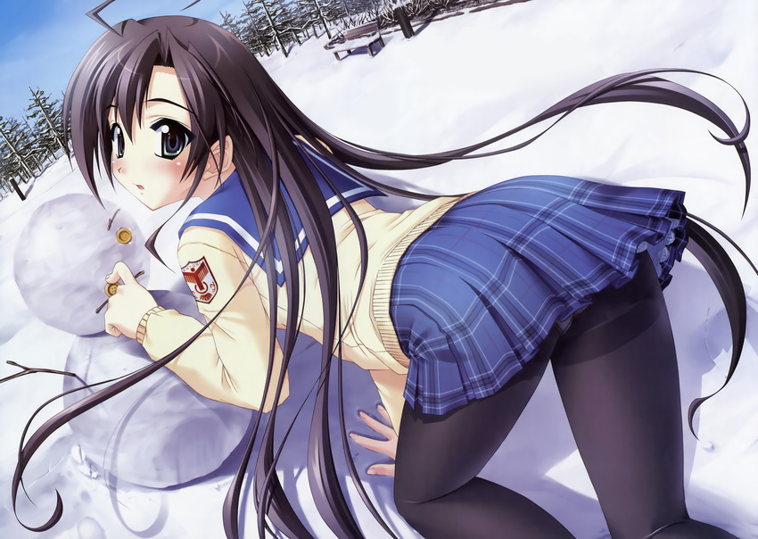 absurdres ahoge black_hair blush day green_eyes highres long_hair mashiro_botan miyazono_mashiro open_mouth panties panties_under_pantyhose pantyhose plaid plaid_skirt school_uniform skirt sky snow snowman solo thighband_pantyhose tree underwear very_long_hair winter yamino_kenji