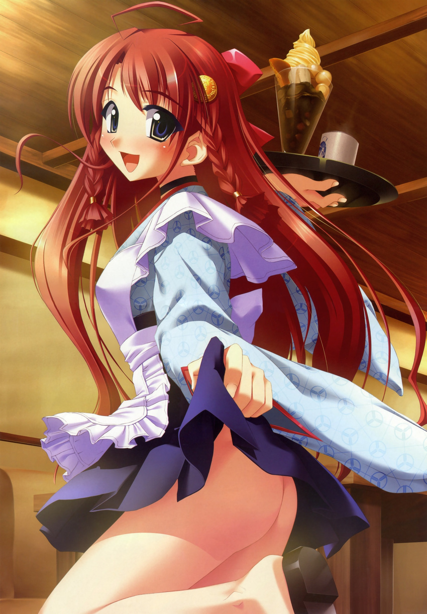 absurdres ahoge apron asanagi_mio asanagi_no_aquanauts ass blue_eyes blush hair_ornament highres long_hair skirt skirt_lift solo waitress yamino_kenji