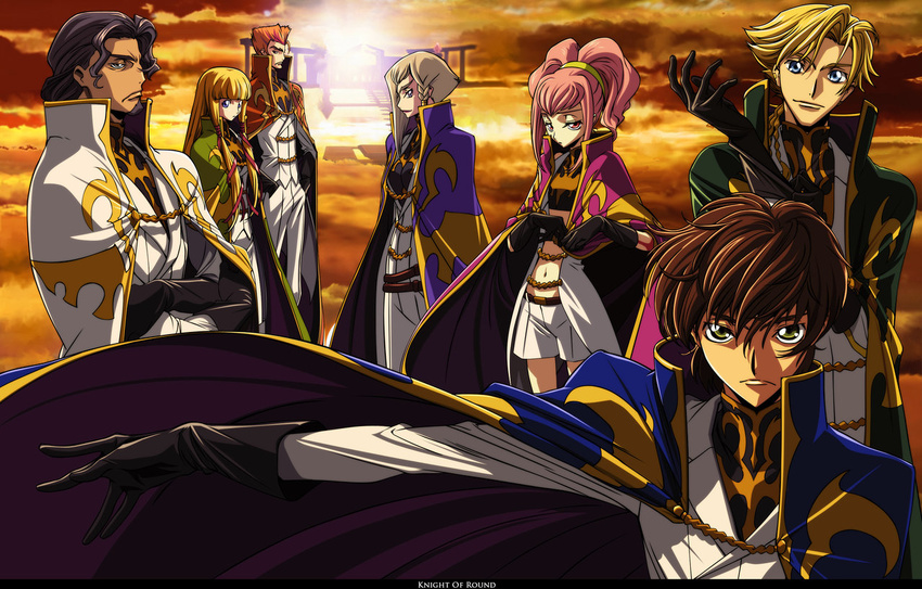 4boys anya_alstreim bismarck_waldstein cape chiba_yuriko code_geass gino_weinberg gloves knights_of_the_round_uniform kururugi_suzaku luciano_bradley monica_kruszewski multiple_boys multiple_girls nonette_enneagram uniform wallpaper