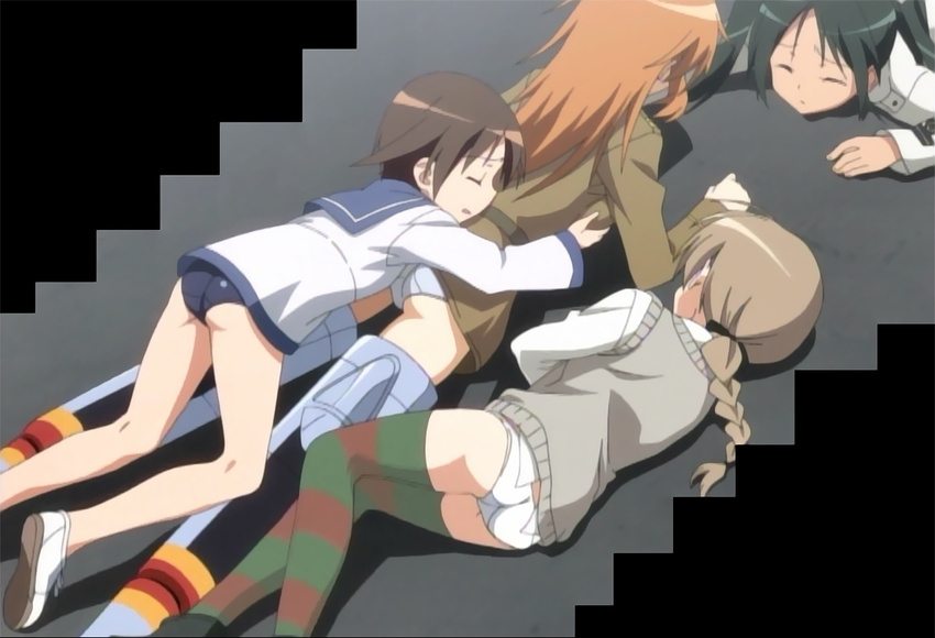 ass braid breast_grab breasts charlotte_e_yeager closed_eyes francesca_lucchini from_behind grabbing long_hair lying lynette_bishop medium_breasts miyafuji_yoshika multiple_girls no_pants panties school_swimsuit school_uniform screencap shoes short_hair single_braid stitched strike_witches striped striped_legwear sweater sweater_vest swimsuit swimsuit_under_clothes thighhighs third-party_edit twintails underwear vest world_witches_series