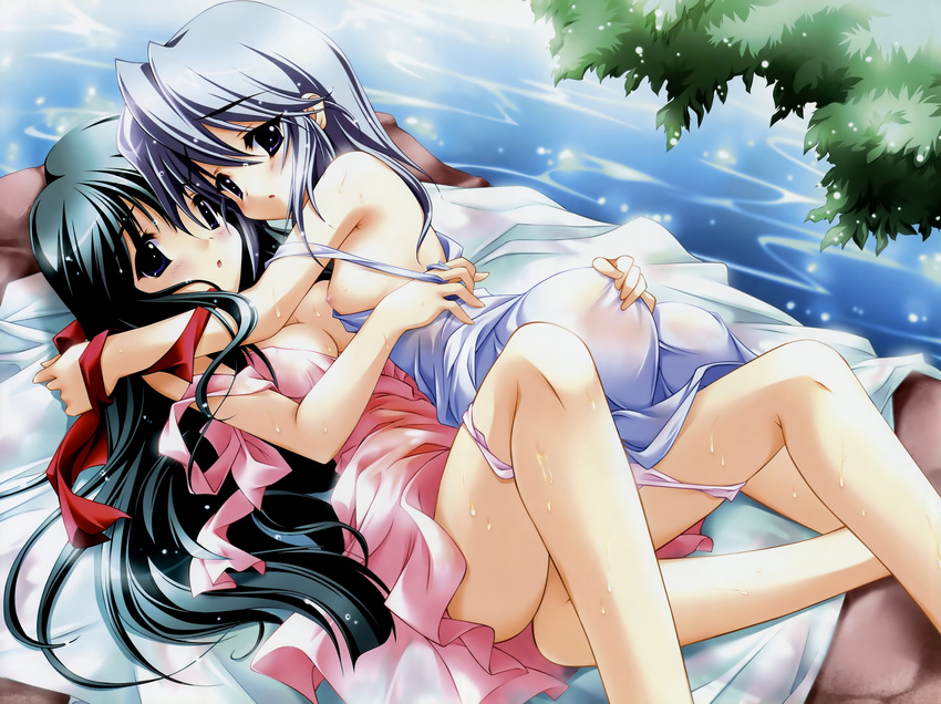 absurdres azuma_ayami black_hair blue_eyes blush breasts fujiwara_warawara highres long_hair medium_breasts multiple_girls natsu_shoujo open_clothes open_shirt panties purple_eyes shirt silver_hair underwear water wet yuri yuuki_miyako