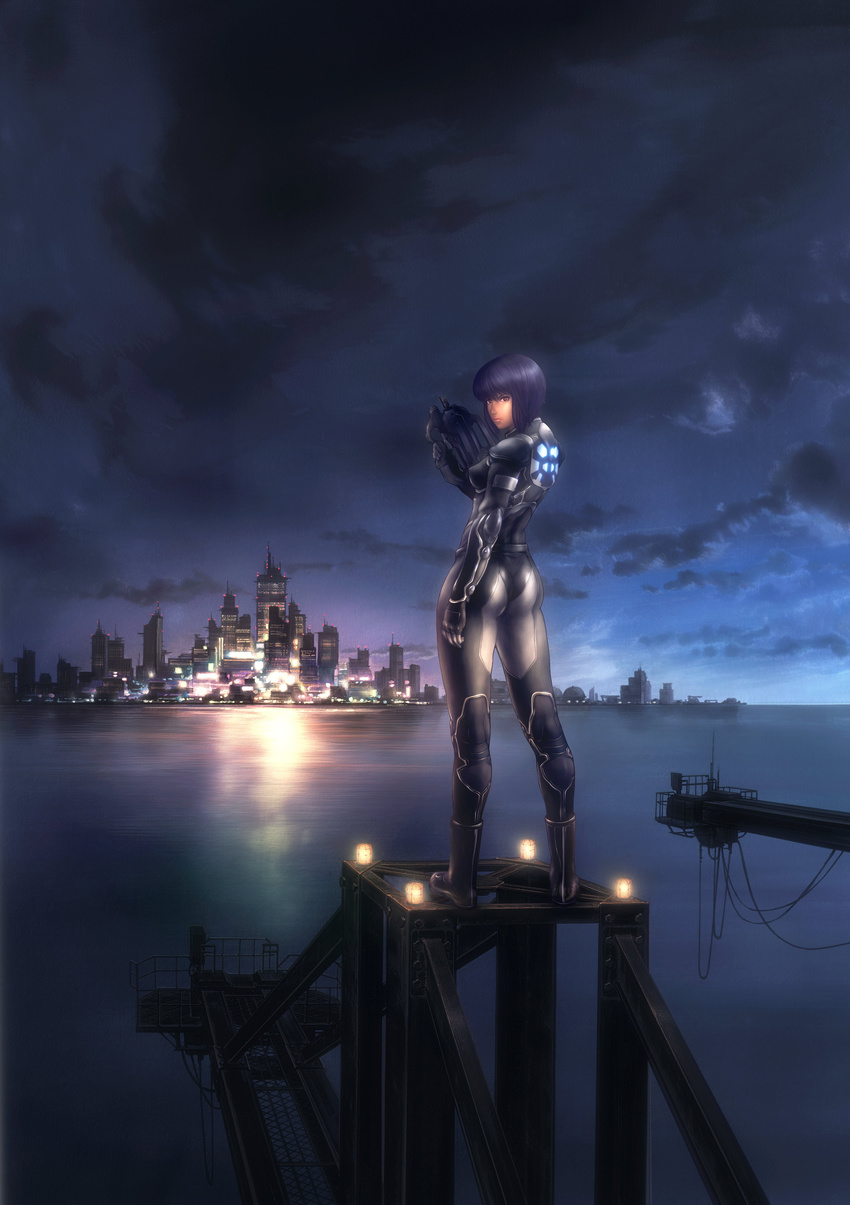 absurdres artist_request bodysuit city cityscape cloud cyberpunk cyborg ghost_in_the_shell ghost_in_the_shell_stand_alone_complex gun highres kusanagi_motoko landscape night night_sky purple_hair red_eyes rifle scenery science_fiction skin_tight sky solo weapon