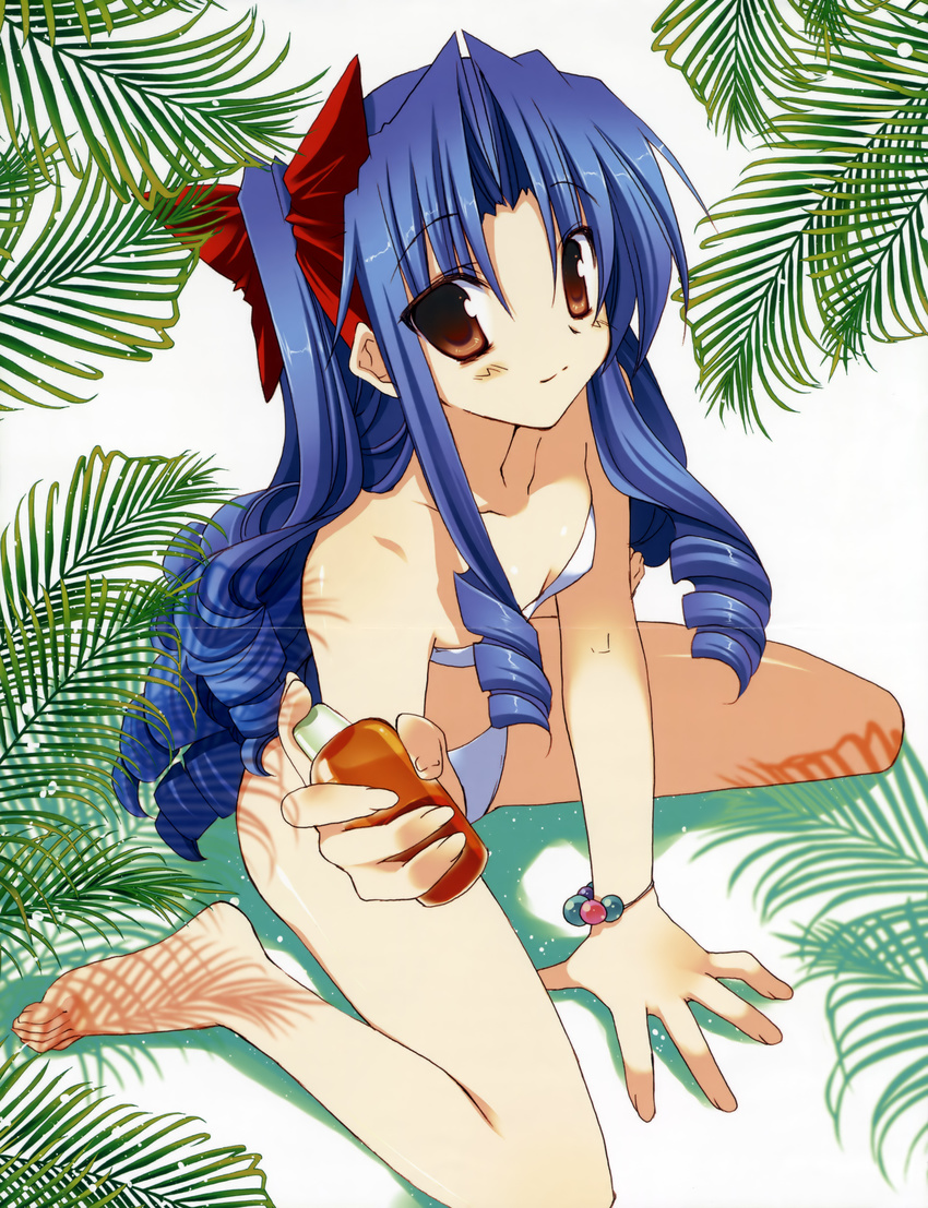 absurdres barefoot beach bikini blue_hair blush bow bracelet drill_hair face feet flat_chest goshuushou-sama_ninomiya-kun hair_bow hair_ribbon hands highres houjou_reika jewelry long_hair non-web_source oil palm_tree ribbon sitting smile solo swimsuit takanae_kyourin tree wariza