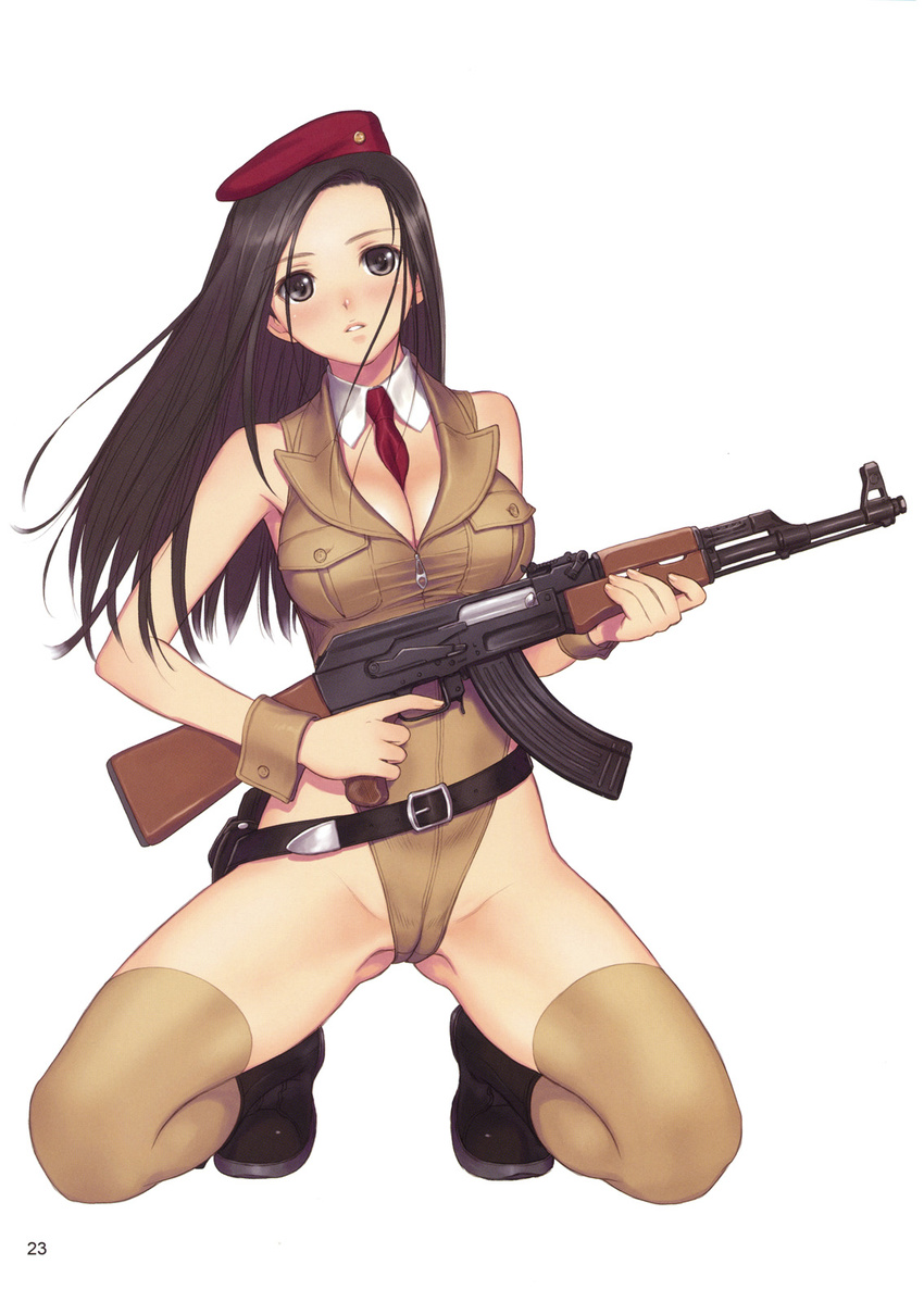 adapted_uniform ak-47 assault_rifle belt beret between_breasts black_eyes black_hair boots breasts cleavage copyright_request gun hat highres kneeling large_breasts long_hair military military_uniform necktie rifle solo tanaka_takayuki thighhighs uniform weapon wrist_cuffs