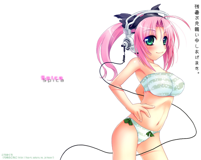 bikini copyright_request green_eyes headphones kouki_kuu long_hair navel pink_hair ponytail solo striped striped_bikini swimsuit