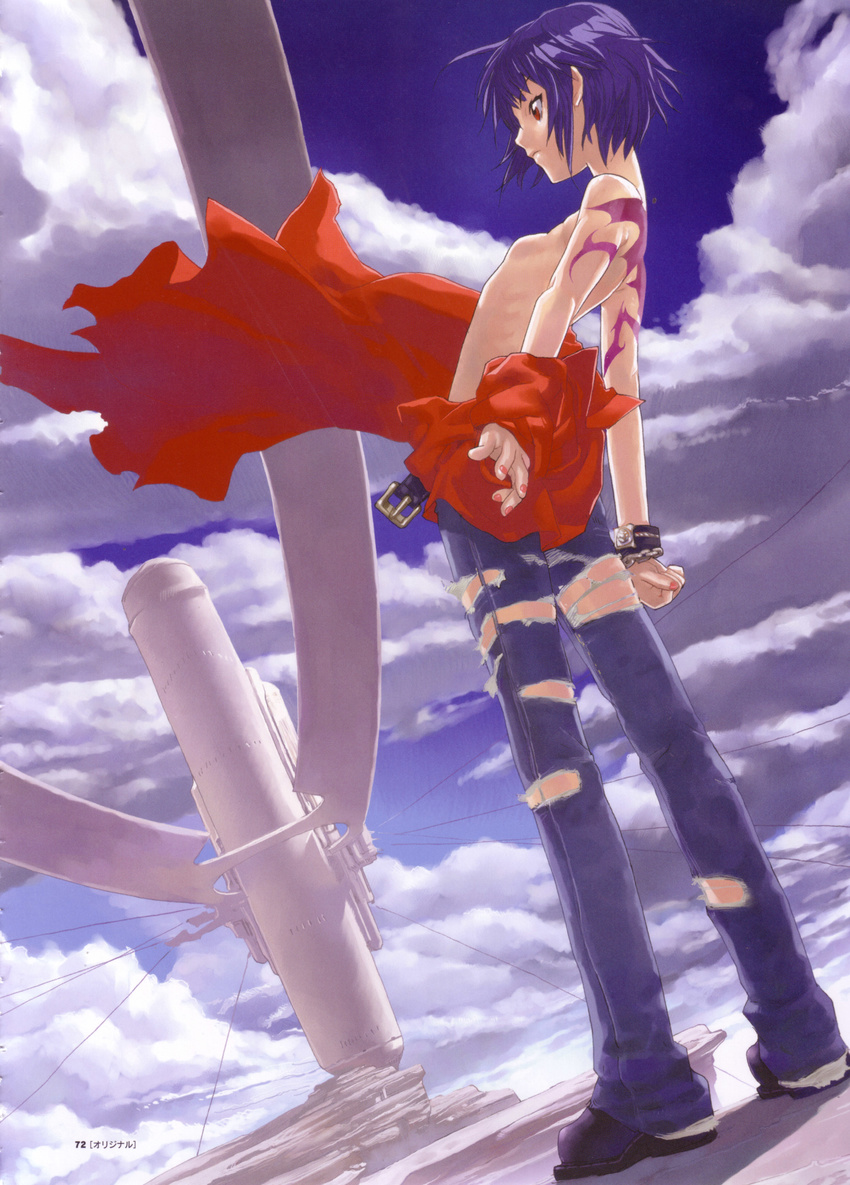 absurdres breasts cloud day denim flat_chest hakua_ugetsu highres jeans long_legs medium_breasts original pants purple_hair red_eyes scan short_hair sideboob sky solo tattoo topless torn_clothes torn_jeans torn_pants wind