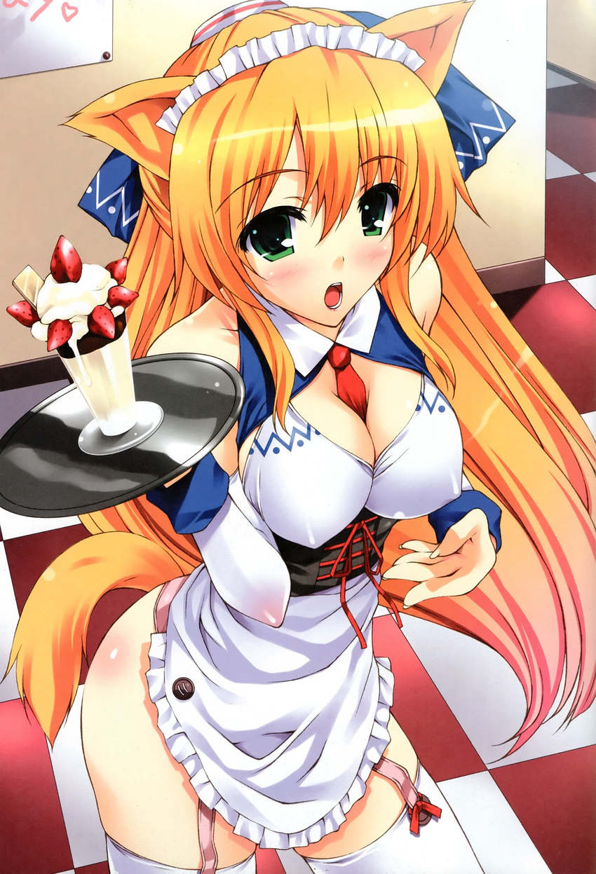 absurdres animal_ears apron ass between_breasts blonde_hair blush breasts cleavage copyright_request covered_nipples food fruit garters green_eyes headdress highres large_breasts long_hair mizuhara_yuu necktie open_mouth scan solo strawberry tail thighhighs very_long_hair waitress