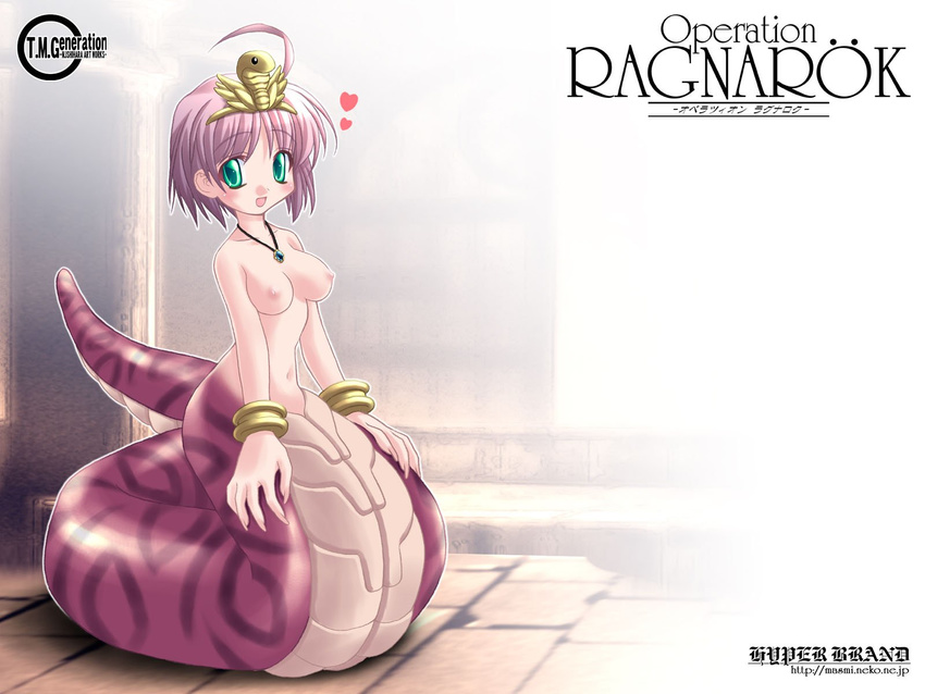 breasts brown_hair crown hat highres ishihara_masumi isis jewelry lamia laughing medium_breasts monster_girl nude ragnarok_online scales short_hair solo wallpaper