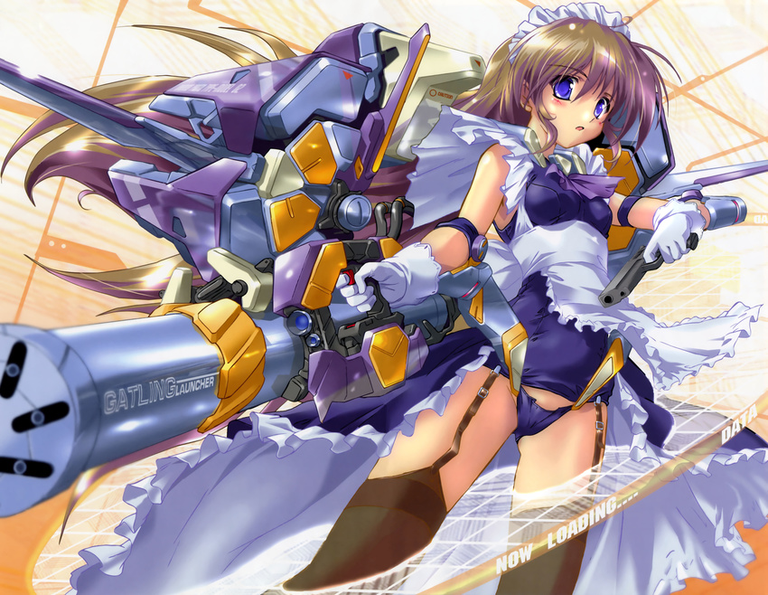 :o absurdres ahoge apron armband ascot bangs blue_eyes blurry blush brown_hair brown_legwear copyright_request depth_of_field dual_wielding embarrassed english engrish fighting_stance flat_chest foreshortening frills garter_straps gatling_gun gloves groin gun hair_between_eyes handgun highres holding huge_weapon komatsu_eiji lace long_hair looking_at_viewer looking_back maid maid_headdress mecha mecha_musume multicolored_hair one-piece_swimsuit purple_hair ranguage school_swimsuit school_swimsuit_flap shiny shiny_hair sidelocks skirt solo standing surprised swimsuit swimsuit_costume swimsuit_under_clothes thighhighs transparent two-tone_hair very_long_hair weapon white_gloves wind wind_lift