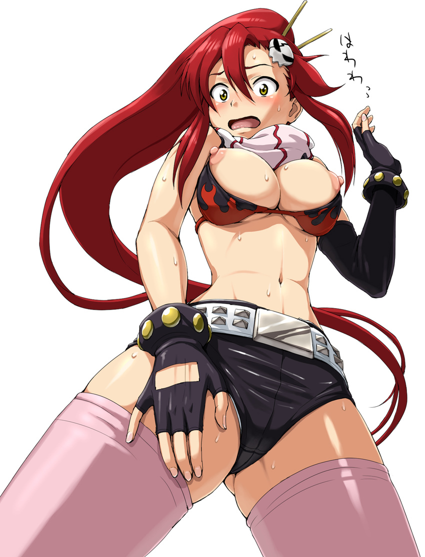 bikini_top blush breasts gloves highres large_breasts long_hair nigou nipple_slip nipples ponytail puffy_nipples red_hair short_shorts shorts solo sweat tengen_toppa_gurren_lagann thighhighs yoko_littner