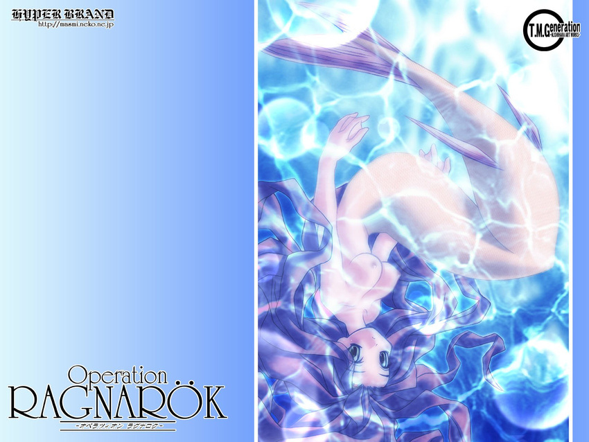 breasts caustics floating_hair gradient highres ishihara_masumi long_hair looking_at_viewer medium_breasts mermaid monster_girl nipples nude obeaune parted_lips purple_hair ragnarok_online scales solo underwater upside-down wallpaper water webbed_hands