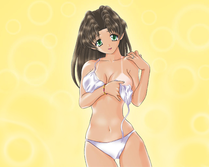 bikini bikini_tan black_hair bracelet breast_hold breasts cleavage futari_ecchi green_eyes head_tilt jewelry jpeg_artifacts katsu_aki large_breasts lipstick long_hair makeup nail_polish navel onoda_yura ring shiny shiny_clothes smile solo sparkle standing swimsuit tan tanline thigh_gap undressing untied untied_bikini wallpaper wavy_hair white_bikini yellow_background