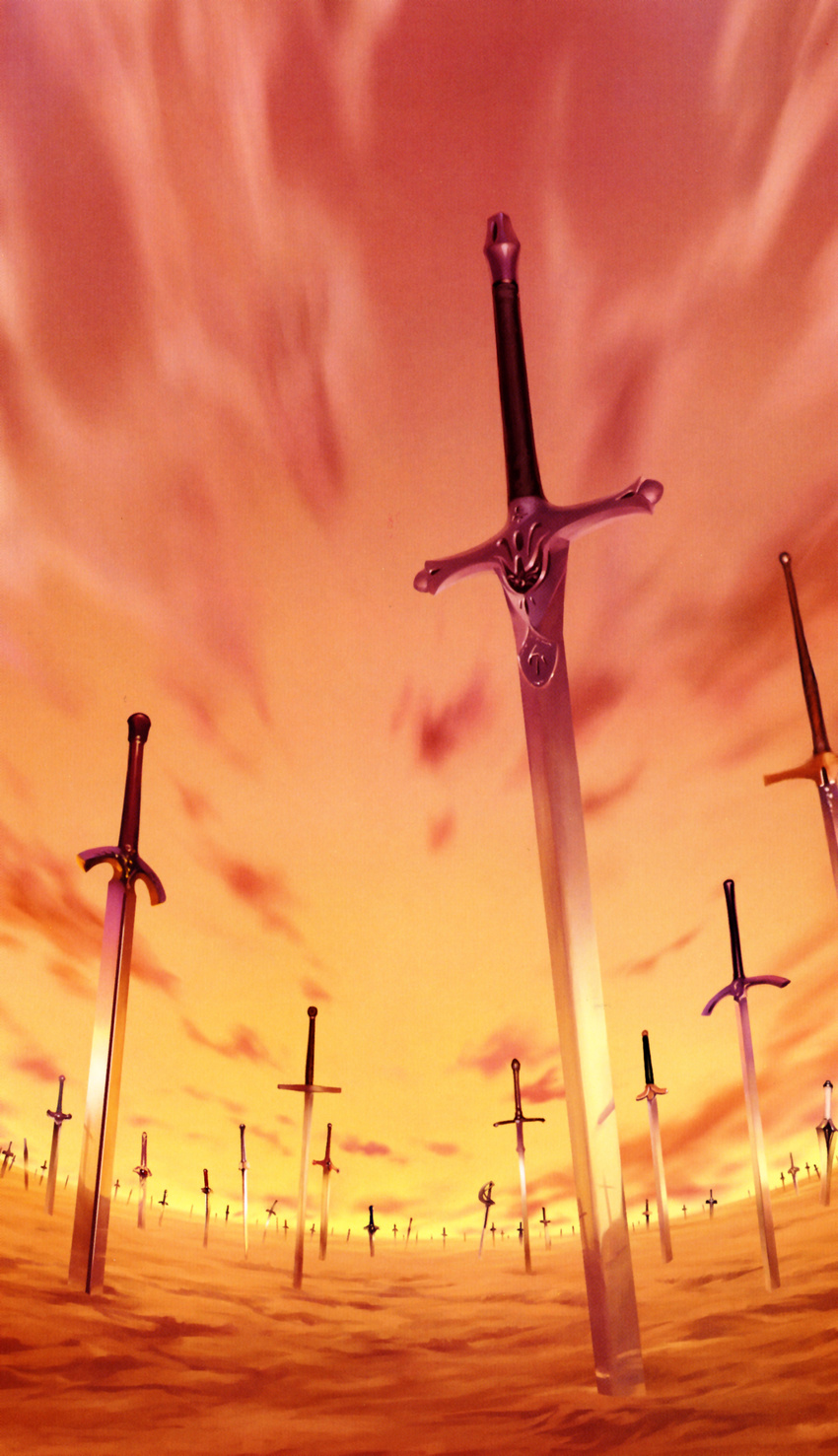 artist_request fate/stay_night fate_(series) highres no_humans planted_sword planted_weapon scan scenery sunset sword unlimited_blade_works weapon